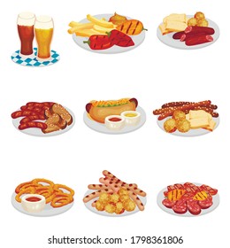 Festive Food for Oktoberfest Celebration with Grilled Sausages and Pretzel Rested on Plates Vector Set