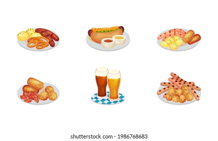 Festive Food for Oktoberfest Celebration with Grilled Sausages and Pretzel Rested on Plates Vector Set