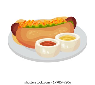 Festive Food for Oktoberfest Celebration with Hot Dog and Mustard Sauce Vector Illustration