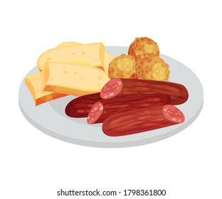 Comida festiva para la celebración de Oktoberfest con Wurst and Sliced Cheese en la ilustración del vector de placas