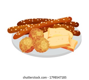 Comida festiva para la celebración de Oktoberfest con Wurst and Sliced Cheese en la ilustración del vector de placas