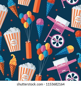 Festive food and sweets seamless pattern. Icecream, popcorn, cotton candy machine, baloons equipment. Repeat design for amusement park, food truck or  traveling circus