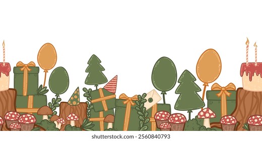 Festive forest seamless banner with gifts, balloons, and mushroom cupcakes. Whimsical celebration scene featuring cakes, trees, and presents. Illustration for birthday cards, banners, and invitations