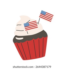 Festive fourth of july cupcake decorated with american flags.
