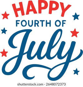 A festive fourth of July design featuring red and blue lettering with star accents scattered around