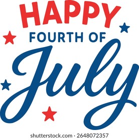 A festive fourth of July graphic with happy in red and July in blue script and stars around