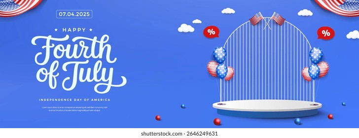 Ilustração festiva do 4 de julho mostrando balões, bandeiras americanas, ícones de desconto e um fundo azul vívido. Perfeito para promoções de férias, celebrações patrióticas e design do Dia da Independência.