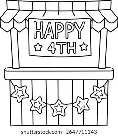 Festive Fourth of July Picnic Scene Featuring Flags, Hot Dogs, and Refreshing Beverages in a Whimsical Black and White Illustration