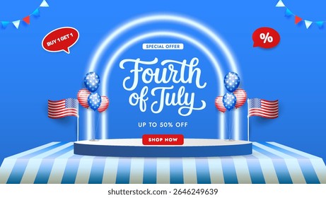 Festive Fourth of July themed graphics featuring American flags, balloons, and promotional sale on vibrant blue backdrop. Perfect for celebrating Independence Day and promoting holiday sales.