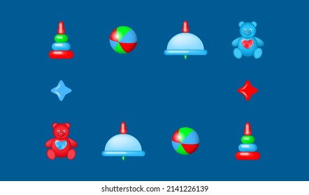 Festive frame with 3d kids toys. Stacking rings, spinning top, beach ball and teddy bear