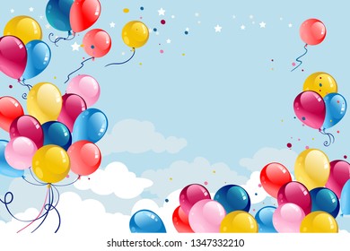 Festive frame with balloons and flags on blue sky. Holiday cartoon illustration.