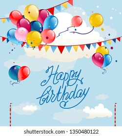 Festive frame with balloons and flags on blue sky. Happy birthday cartoon illustration.