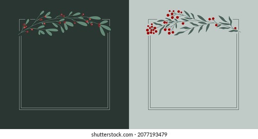 Festive frame with branches of mistletoe with copy space for greeting cards, invitation, posters, banners. Concept for Christmas Day and New Year. Winter concept.