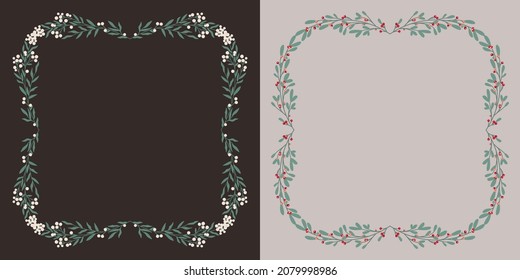 Festive frame with branches of mistletoe, green leaves and cranberries with copy space for greeting cards, invitation, posters, banners. Concept for Christmas Day and New Year. Winter concept.