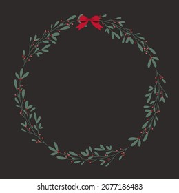 Festive frame with branches of mistletoe and red bow with copy space for greeting cards, invitation, posters, banners. Concept for Christmas Day and New Year. Winter concept.