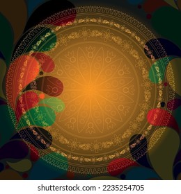 Festive frame with bright multicolored translucent paisley and gold openwork mandala. vector image
