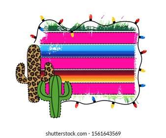 

Festive frame with a cactus tree and Serape fabric and garland with light bulbs. Vector illustration.