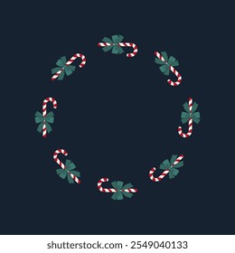 Festive frame with candy canes and bows on a navy blue background. Christmas vector illustration.