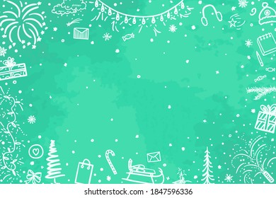 Festive frame. Christmassy background. Hand drawn xmas elements. Festive signs and objects on pattern