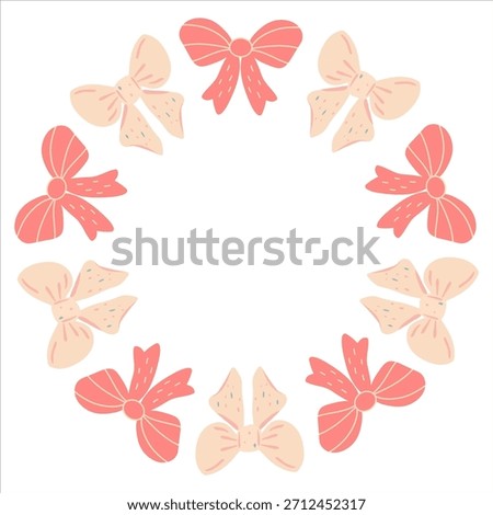 Festive frame with a circle of bows. Round frame with hand drawn doodles of festive bows. Arranged in a circle for stickers, banners, flyers, announcements. Flat vector, isolated on white background.