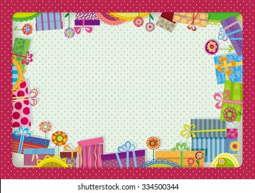 Festive frame with colorful gift boxes. Application of decorative colors and packages.
