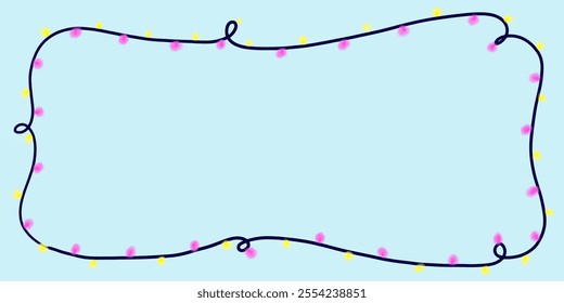 Festive frame with colorful pink and yellow Christmas lights on a blue background. Perfect for holiday cards, invitations, or festive designs with space for text.