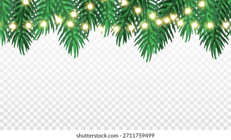 Festlicher Rahmen mit Nadelgrün und leuchtenden Weihnachtslichtern, Vektordesign auf transparentem Hintergrund.