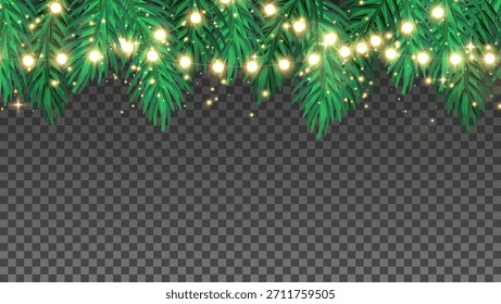 Festlicher Rahmen mit Nadelgrün und leuchtenden Weihnachtslichtern, Vektordesign auf transparentem Hintergrund.