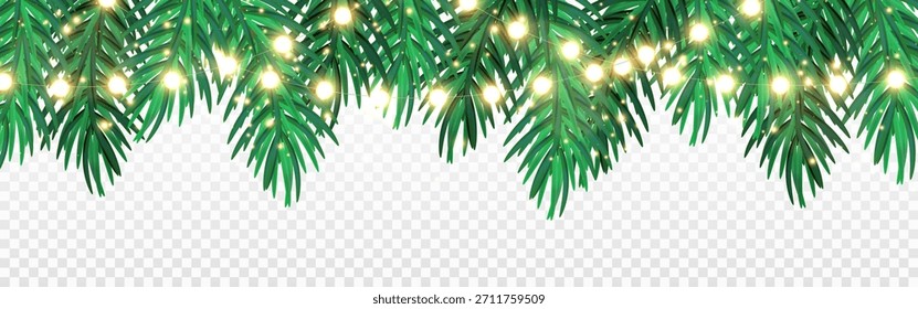 Marco festivo con vegetación de coníferas y luces de Navidades brillantes, diseño de Vector sobre fondo transparente.