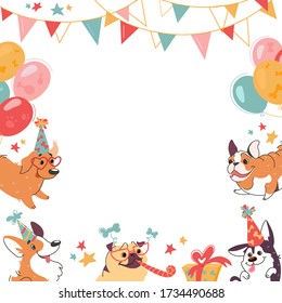 Festive frame with cute dogs, welsh corgi, shepherd, labrador, pug, bulldog. Birthday party with cake and balls in cartoon style. Dog isolated on white, vector illustration.