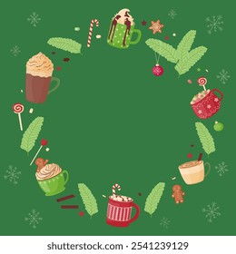 Quadro festivo de canecas bonitas com cacau quente, café, chocolate, chantilly, marshmallows e doces. Ilustração vetorial em um fundo verde.
