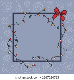Festive frame design for Christmas and winter holidays with hand drawn garland on frozen background. Cute vector illustration for greeting card, instagram and blog template, flyer, banner, invitation.