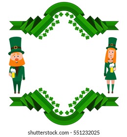 Festive frame with green ribbons, clover and characters. St. Patrick and the girl. A man with a red beard and a woman with hair red. Cheerful young people having a beer.