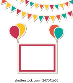 Festive frame hang on multicolored inflatable air balls with bright buntings isolated on white background 