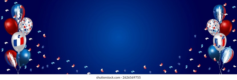 Festive frame for July 14, Bastille Day, with French flags, balloons and confetti on blue background. For French holiday designs on French culture, greeting cards, general patriotic holidays.Vector.