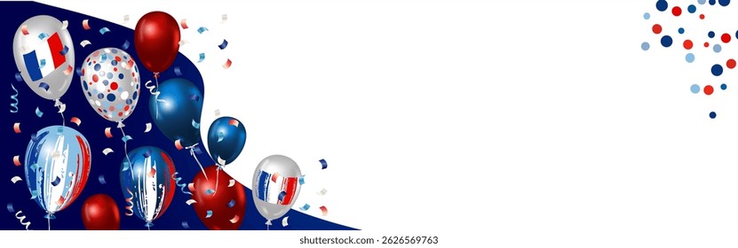 Festive frame for July 14, Bastille Day, with French flags, balloons and confetti. For French holiday designs on French culture, greeting cards, general patriotic holidays. Vector illustration 