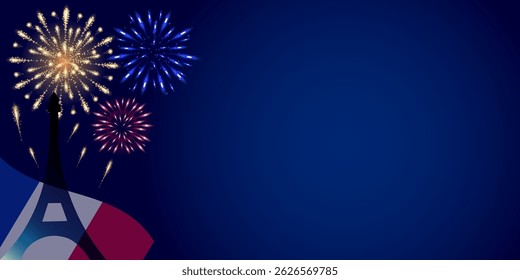 Festive frame for July 14, Bastille Day, with French flag, fireworks and Eiffel Tower silhouette on blue background. For French holiday designs, greeting cards, general patriotic holidays.Vector.