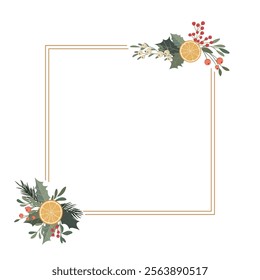 Festive frame with mistletoe, orange slices, Christmas tree and holly branches. Winter composition.