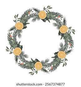 Festive frame with mistletoe, orange slices, Christmas tree and holly branches. Winter composition.