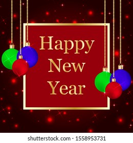 Festive frame for the New Year, framed in gold with New Year's balls on a bright red-burgundy background with flickering glare and stars.