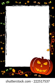 Festive frame on theme Halloween with place for text. Black Halloween border or frame with funny monster eyes and orange pumpkin. Vector illustration