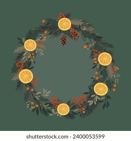 Festive frame with orange slices, leaves, Christmas tree branches and red berries. Winter composition for design for Christmas and New Year.