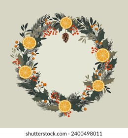 Festlicher Rahmen mit orangefarbenen Scheiben, Blättern, Weihnachtsbaumzweigen und roten Beeren. Winterzusammensetzung für Design zu Weihnachten und Neujahr.