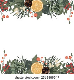 Festive frame with pine cones, mistletoe, orange slices, Christmas tree and holly branches. Winter composition.