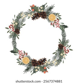 Festive frame with pine cones, mistletoe, orange slices, Christmas tree and holly branches. Winter composition.