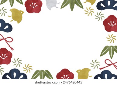 Festive frame of pine trees, bamboo leaves, and plum blossoms watercolor