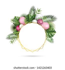Festive frame with pink and white balloons and fresh tropical leaves, with copy space, vector illustration, eps 10 with transparency.