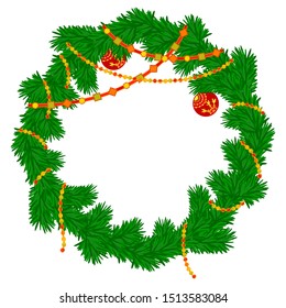 Festive frame for social networks in vector. Fir branches in the shape of a circle isolated on a white background, decorated with garlands and balls. Christmas wreath with place for text.