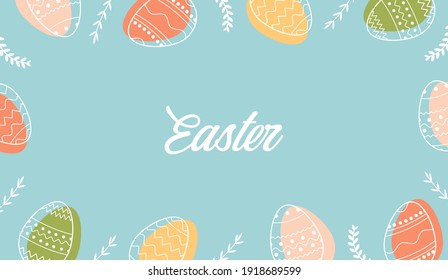 Festive frame template with trendy outlined geometric pattern on Easter Eggs. Decorative horizontal banner with Easter eggs and leaves on blue background. Vector border for holiday with place for text