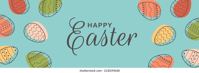 Festive frame template with trendy outlined geometric pattern on Easter Eggs. Decorative horizontal banner with Easter eggs on blue background. Vector border for holiday with place for text.
